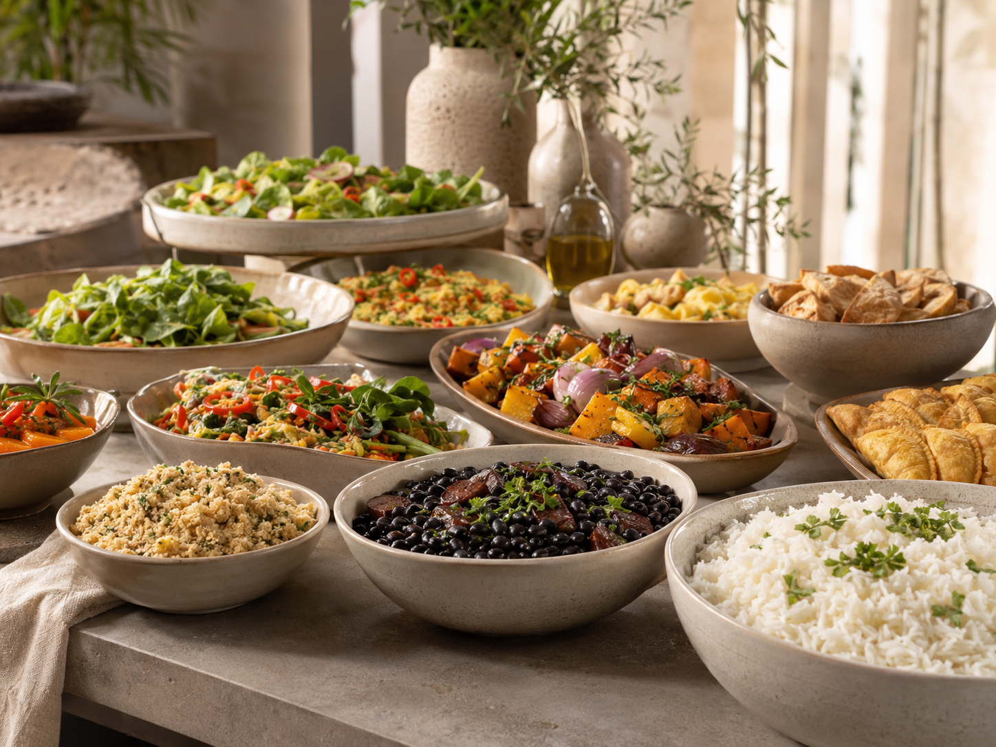 Acompanhamentos, saladas e pratos quentes completam a experiência.